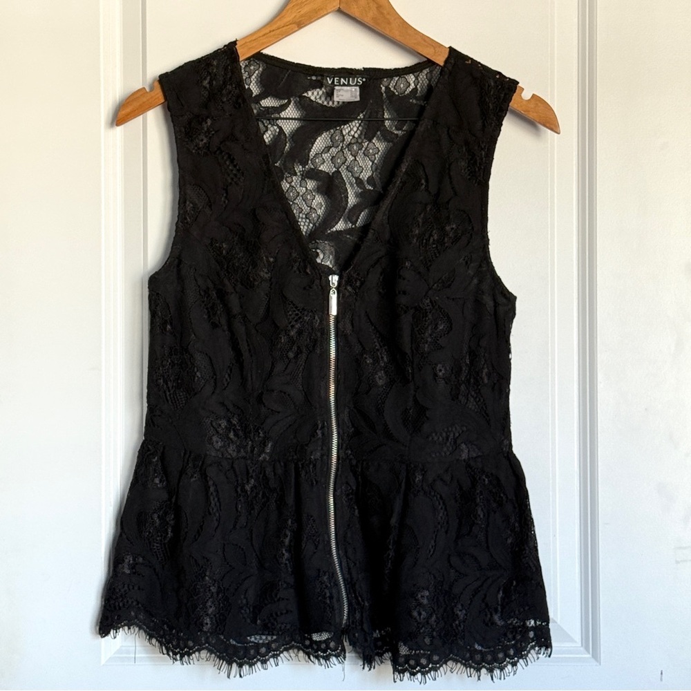 VENUS Black Lace Sleeveless Peplum Vest Front Zipper Size M